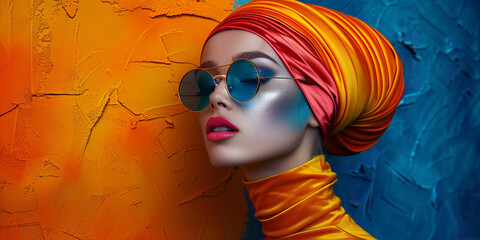 abstract high fashion woman wearing avant-garde clothing and accessories, crazy surreal wall design - obrazy, fototapety, plakaty
