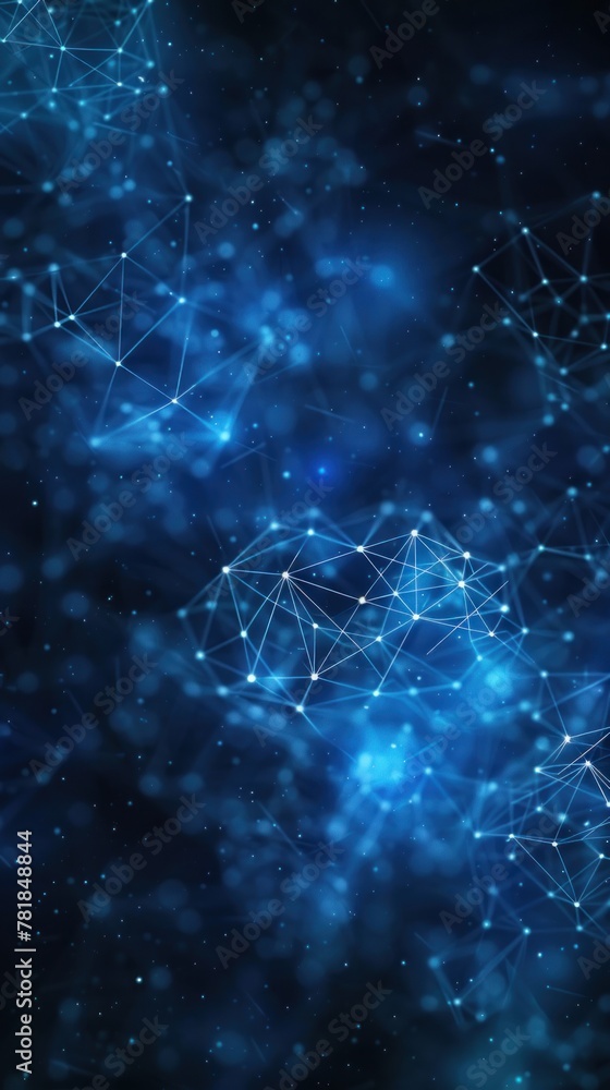 Poster a digitally created blue background filled with a complex network of straight lines and dots, formin