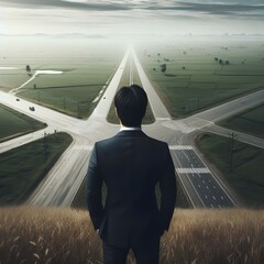 Back view of executive businessman standing at large crossroads, decision making concept. - obrazy, fototapety, plakaty