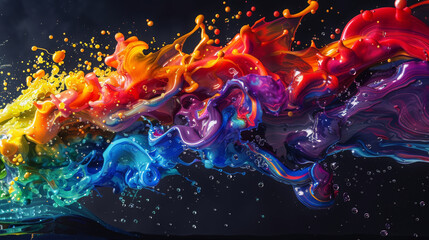 Visualization of a liquid rainbow explosion, with droplets of paint suspended in a curved dance of colors,