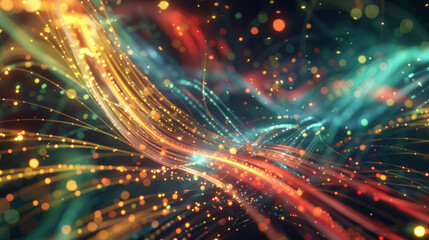 Fototapeta na wymiar Visualization of a vibrant network of fiber optic cables, pulsating with the flow of information across a dark tech backdrop,