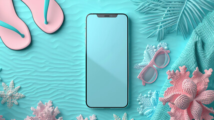 A smartphone with an empty screen accompanied by flip-flops and a beach towel - obrazy, fototapety, plakaty