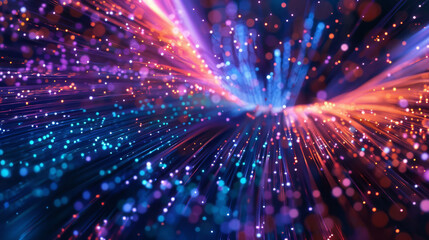 Obraz premium Visualization of data packets navigating through a labyrinth of fiber optics, guided by quantum algorithms,