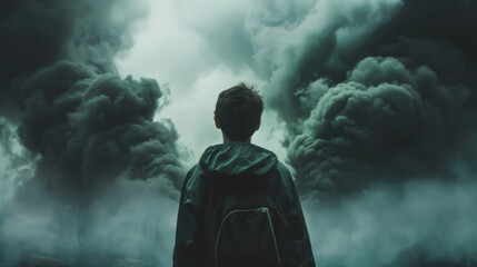 Visualization of the psychological impact of climate anxiety, depicted as a dark cloud hovering over a young generation, - obrazy, fototapety, plakaty
