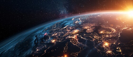 3D digital earth with dynamic lighting, emphasizing America's role in global information exchange,