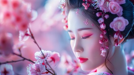 Naklejka premium geisha with sakura flowers, portrait of a japanese woman