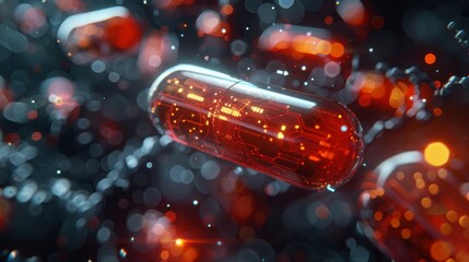 3D render of innovative health tablets with nanotech circuits, floating in a cybernetic space - obrazy, fototapety, plakaty