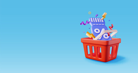 3d shopping basket and coupon with percentage symbol. Render realistic shopping cart and colorful confetti around discount voucher. Sale discount clearance. Online retail shopping. Vector illustration