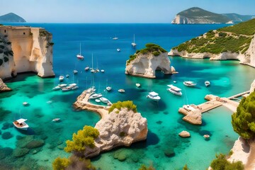 Bright spring view of the Cameo Island. Picturesque morning scene on the Port Sostis, Zakinthos...