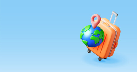3d orange suitcase with blue globe on top isolated. Render travel bag with planet earth. Travel inspired design element. Holiday or vacation. Transportation concept. Vector Illustration