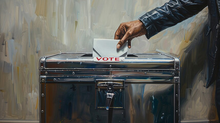An expertly crafted ultrarealistic depiction of a mans hand casting an envelope into a silver electoral box with 