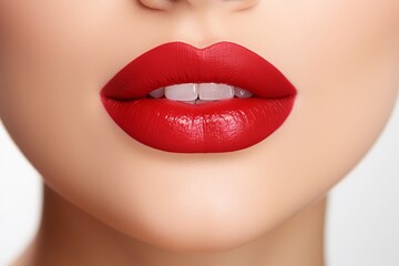 Fototapeta premium Red lipstick. Apply lipstick on the lips. 