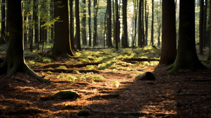 Shadows in the forest. Sunlight filters through the branches of the trees and onto the forest floor. 