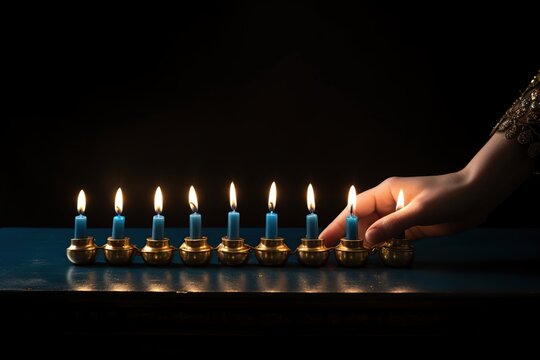 Hanukkah menorah with burning candles on dark background.