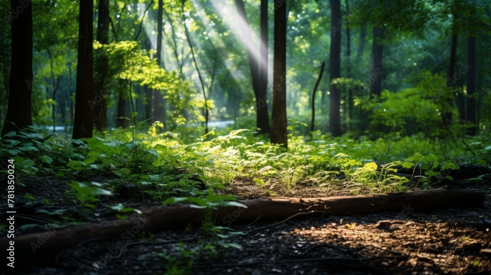 Poster sunlight shining through the forest through the branches and leaves down on the forest floor covered
