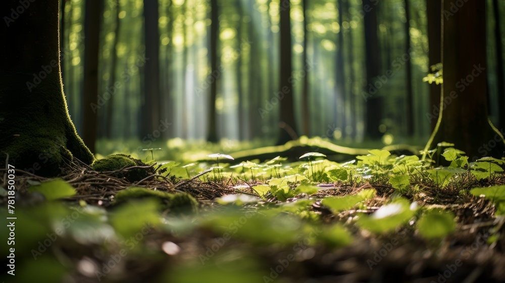 Poster sunlight shining through the forest through the branches and leaves down on the forest floor covered