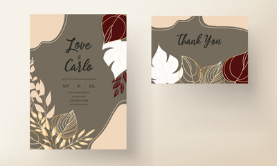 boho wedding invitation with elegant outline gold leaves