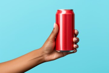 Female hand holding a can of cola isolated on blue background. - obrazy, fototapety, plakaty