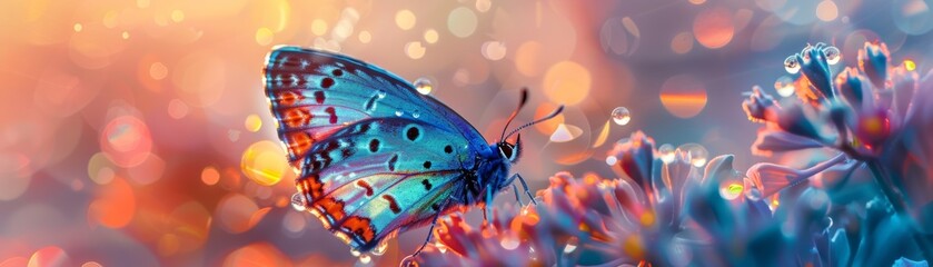 Iridescent butterfly wings, vibrant and shimmering, casting colorful reflections on a dewy garden Sunset hues play on the delicate patterns with a dreamy, ethereal effect Realistic - obrazy, fototapety, plakaty
