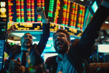 Traders are excited about investing in new stocks. On the background of neon lights 