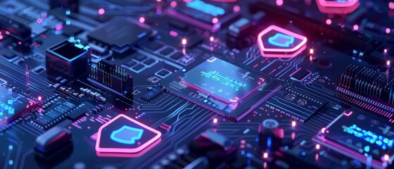 Cybersecurity shield icons floating above a motherboard, network protection visualization,