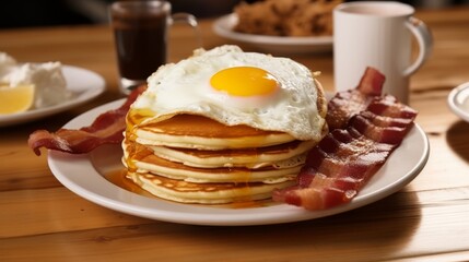Eggs, bacon, and pancakes in a classic diner meal