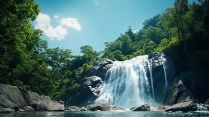 Waterfall flows down from cliff, white water, blue sky on green forest background. 