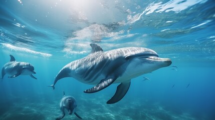 Fototapeta premium Whales, dolphins swimming, blue sky, clear water on a blue sky background.