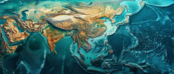Digital elevation model of Asia, overlaid with cyber technology innovation layers, - obrazy, fototapety, plakaty
