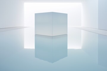 White cube floating on a white background. The reflection on the floor looks three-dimensional. 