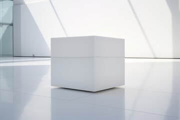 White cube floating on a white background. The reflection on the floor looks three-dimensional. 
