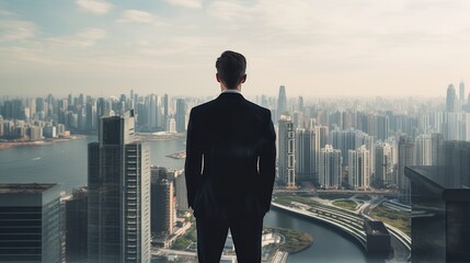  young man in black suit Standing in front of a skyscraper Looking at the big city 