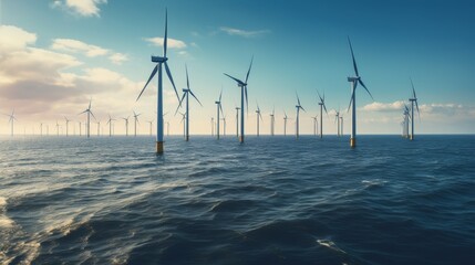 wind farm lined windmills on the sea background 