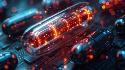 Futuristic biotech pills with glowing circuits, concept illustration for modern medicine - obrazy, fototapety, plakaty