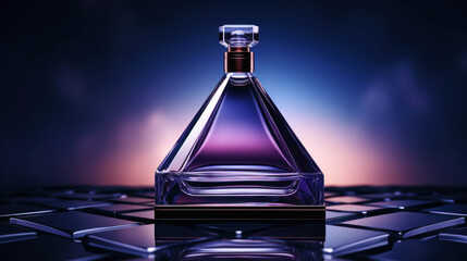 Minimalistic image of a blue perfume bottle in the center with studio lighting. Luxurious background. Generative AI