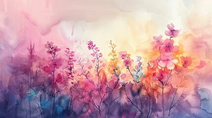 Watercolor floral background with pink and blue flowers. Digital painting