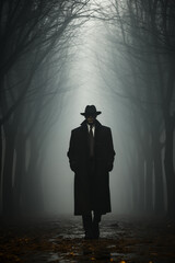 Retro male detective in a cloak and hat on a dark street in the fog
