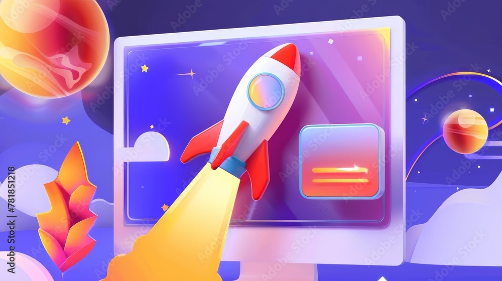 Aufkleber rocket launch on computer screen 3d rendering. business start up concept, innovation technology and 