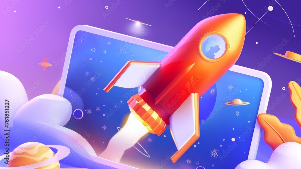 Aufkleber rocket launch on computer screen 3d rendering. business start up concept, innovation technology and 