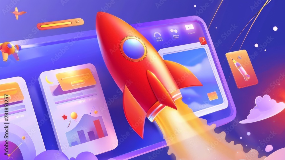 Aufkleber rocket launch on computer screen 3d rendering. business start up concept, innovation technology and 