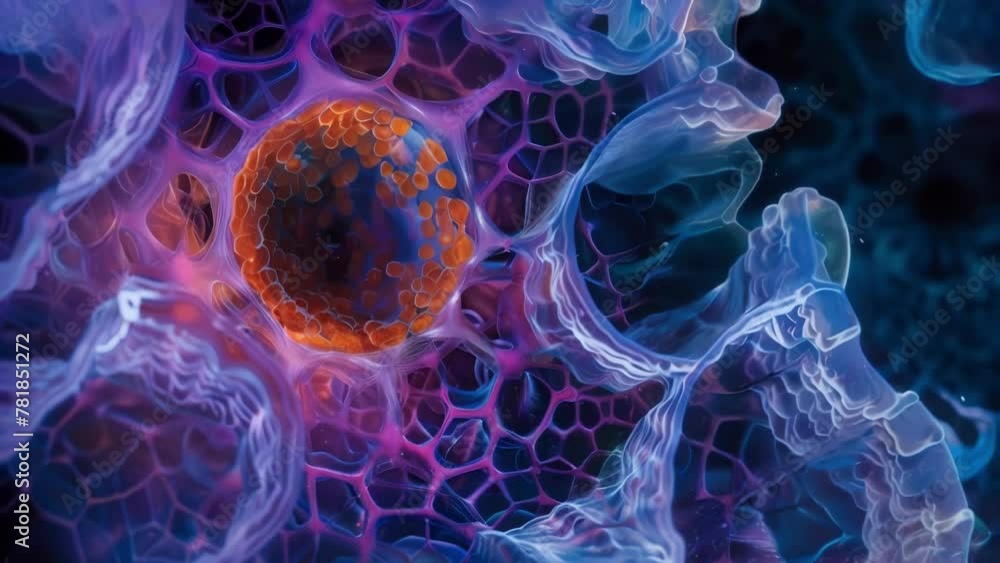 Poster a closeup view of a cell from a whale revealing its intricate structure and specialized features for