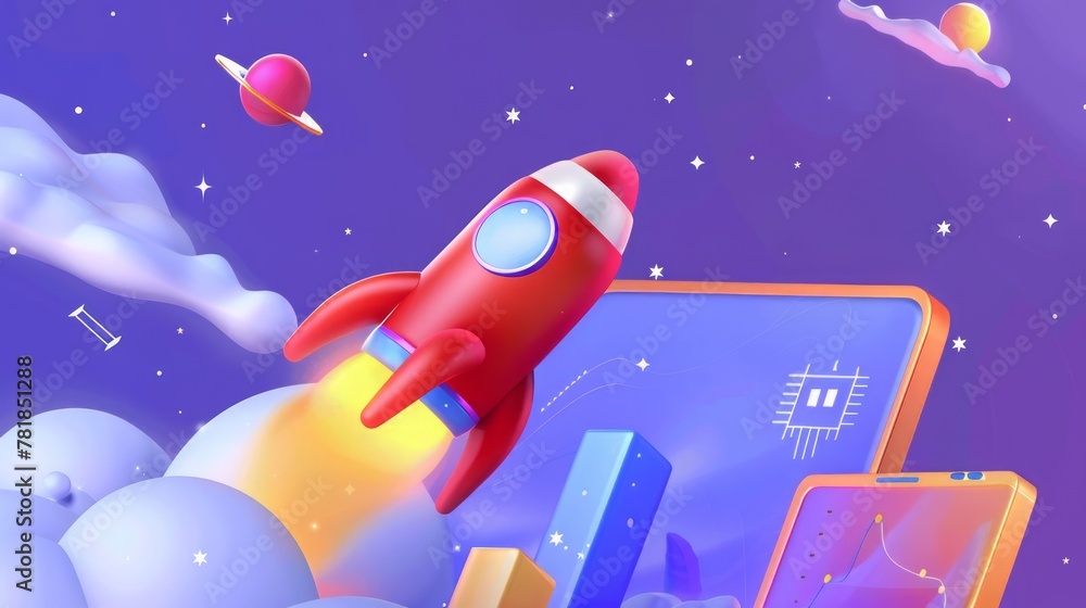 Poster rocket launch on computer screen 3d rendering. business start up concept, innovation technology and 