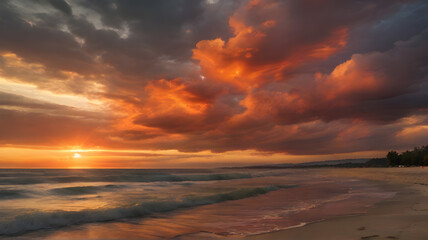The phenomenon of fiery clouds during sunset. The colors and textures of the fiery clouds with the...
