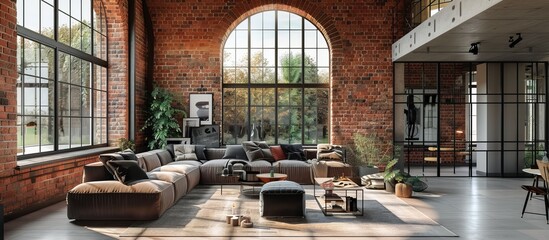 Loft style living room decor with brick walls, interior design with large sofa and panoramic...
