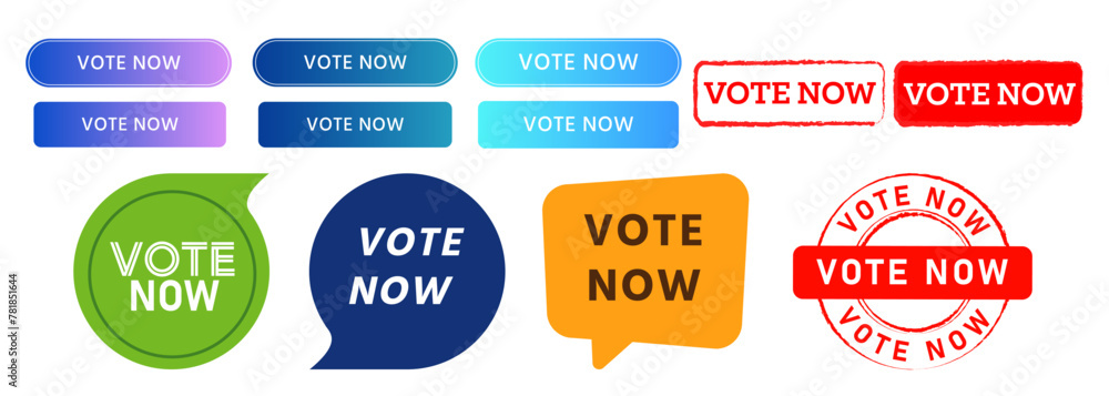 Aufkleber vote now rectangle circle speech bubble stamp and button web for voting election