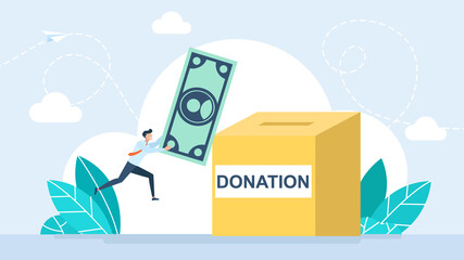 Fototapeta premium Donation and charity concept. Man donating for charity. Volunteer collecting and putting money in donation boxes. Charity and financial support concept. Flat cartoon illustration
