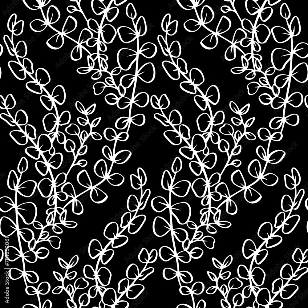 Wall mural Monochrome seamless pattern with tropical leaves on black background. Line art botanical wallpaper - Wall murals