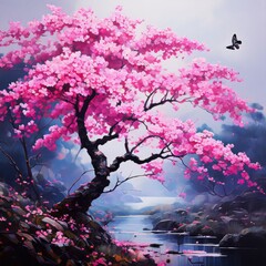 a landscape of cherry blossoms in watercolors. Generative AI