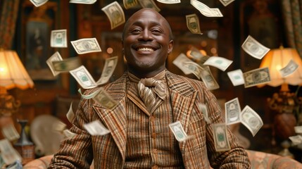 Smiling Man Surrounded by Flying Money in a Classic Room - obrazy, fototapety, plakaty