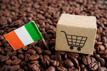Ireland flag on coffee beans, shopping online for export or import food product.